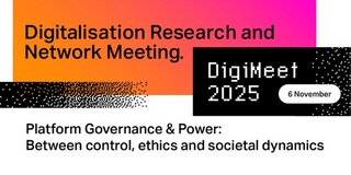Ein Werbebanner für das „Digitalisation Research and Network Meeting“, das als „DigiMeet 2025“ bezeichnet wird und am „6 November“ stattfindet. Der Haupttitel ist in großer, fetter, schwarzer Schrift auf einem lebhaften Hintergrund abgebildet, der von Orange links zu einem leuchtenden Pink-Magenta rechts überblendet. Ein schwarzes Rechteck auf der rechten Seite enthält den Veranstaltungsnamen „DigiMeet 2025“ in einer weißen, pixeligen Schriftart und das Datum „6 November“ in einem weißen Kreis. Diese schwarze Box weist an ihrem linken Rand und in der oberen rechten Ecke einen digitalen, sich auflösenden Pixeleffekt auf. Darunter, auf einem reinweißen Hintergrund, steht das Thema der Veranstaltung in schwarzer Schrift: „Platform Governance & Power: Between control, ethics and societal dynamics.“